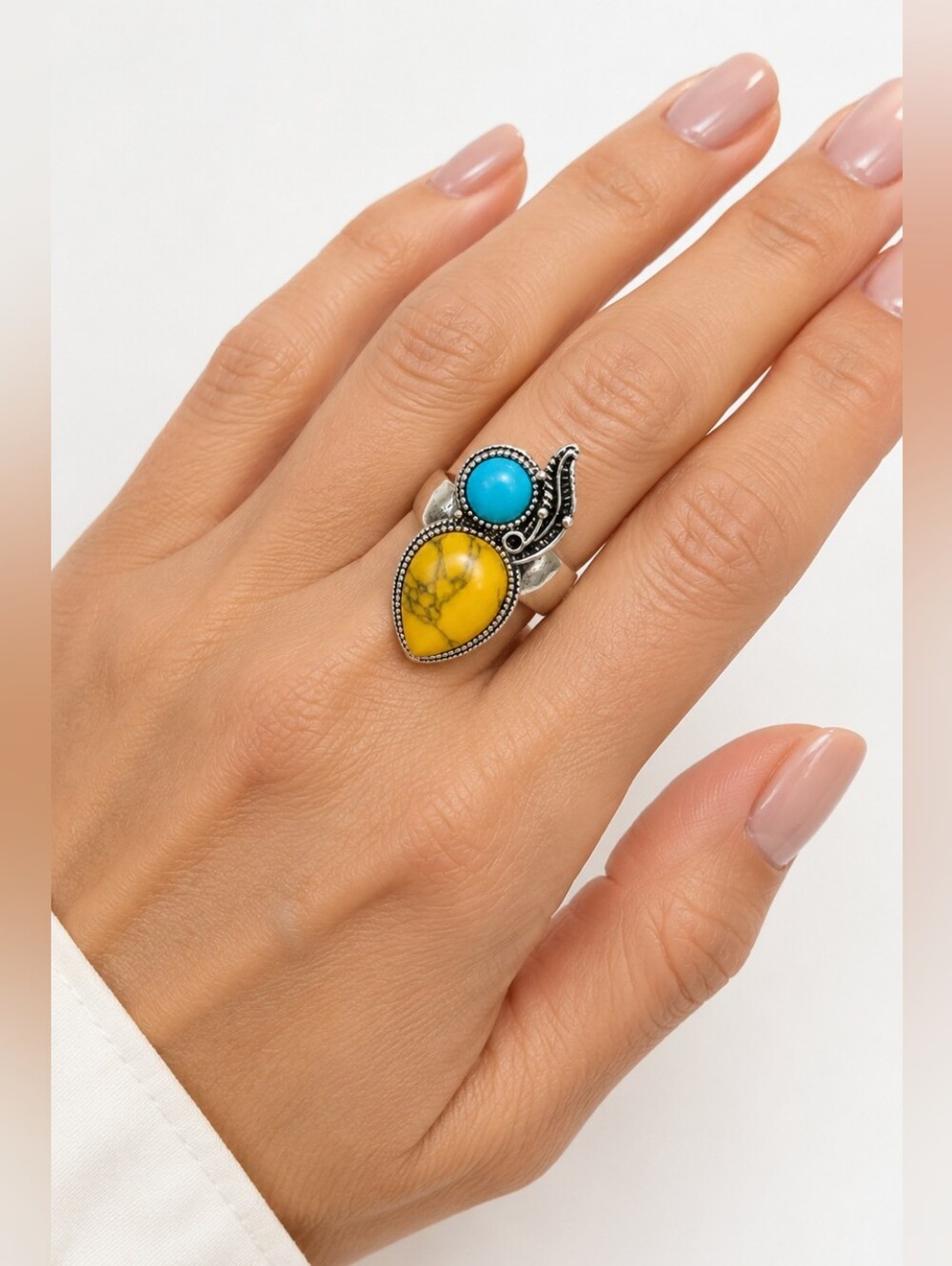 Silver Double Stone Ring with Yellow and Turquoise Stones, Size 9, NWOT